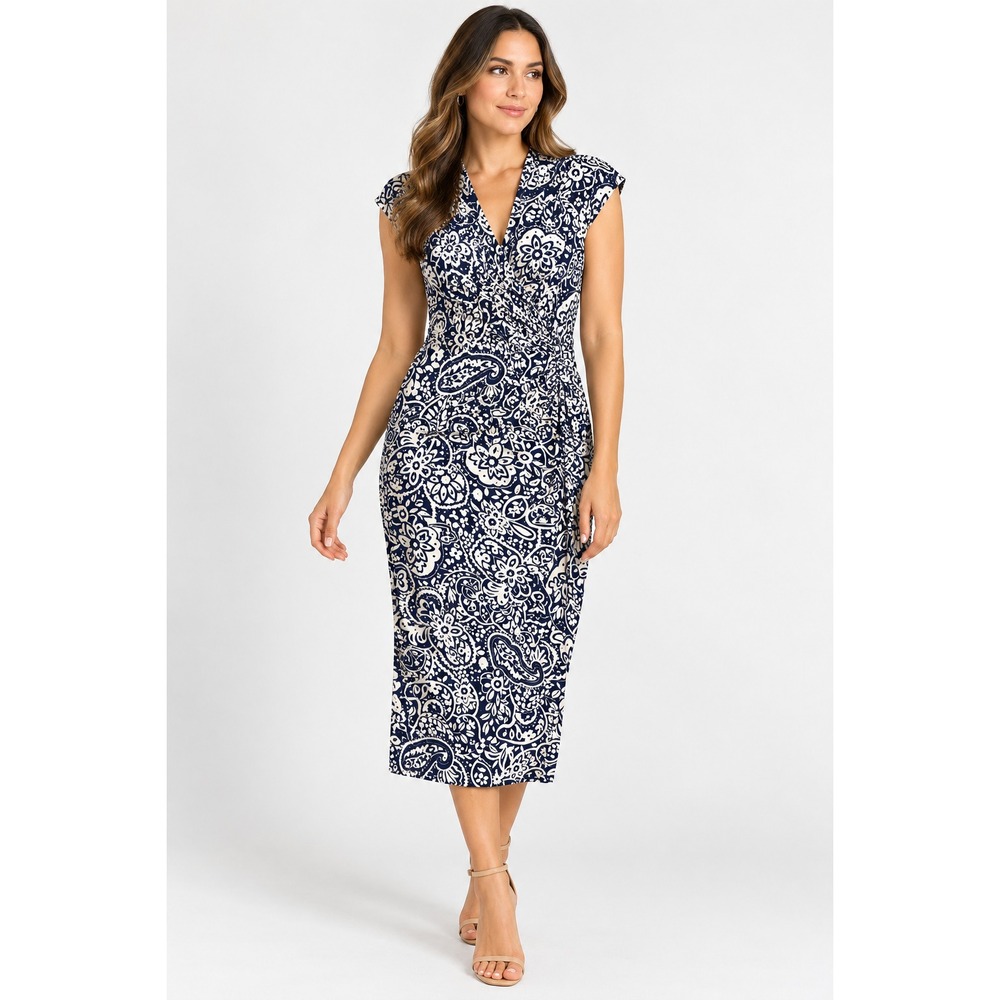 Chaps Dress Womens M Blue Paisley V Neck Ruched Sheath Jersey Cap Sleeve